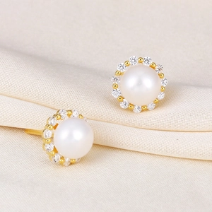 Elegant Round Natural Artificial Pearl Stud Earrings With 925 Sterling Silver Earring Post And Zircon Halo For Women Sweet Jewelry