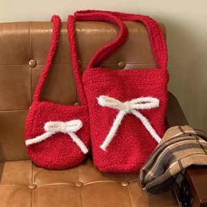Women Plush Shoulder Crossbody Bag Red Teddy Fleece Handbag With White Bow Decor Retro Winter Casual Large Bucket Bag