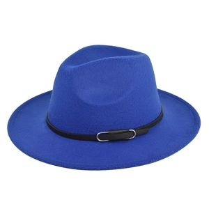 Detail view of the royal blue wool felt fedora featuring a black leather belt and silver buckle