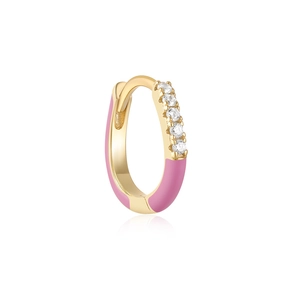 Detail of gold hoop earring with pink enamel finish and five small sparkling diamonds