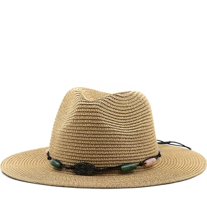 Women Straw Fedora Sun Hat Wide Brim Breathable Sun Protection Summer Beach Vacation Bohemian Beaded Metal Decoration Retro