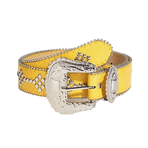 Western style yellow crocodile pattern leather belt with ornate silver rhinestone buckle
