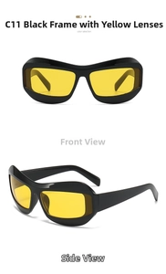 Vue de face et de profil de lunettes de soleil futuristes avec monture noire et verres jaunes