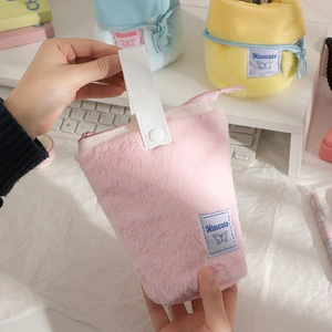 Standing plush pencil case in pink, blue, and yellow with portable handle and zipper