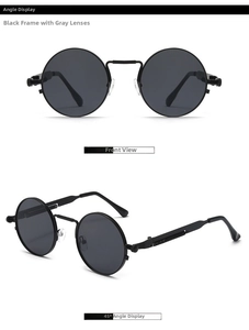 Detail view of steampunk round sunglasses with industrial spring temples and metal frame