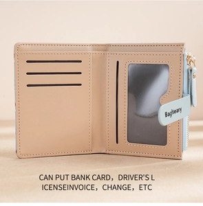 Detail view of beige PU leather wallet showing multiple card slots and clear photo ID window