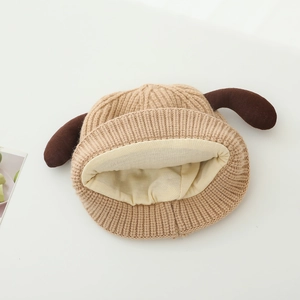 Winter knit baby hat with cute puppy ears and warm fleece lining in khaki brown