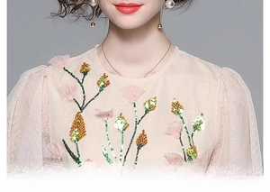Detail of round neckline with sequined floral embroidery and mesh puff sleeves