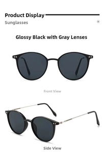Detailed front and side views of black round sunglasses with slim silver metal temples