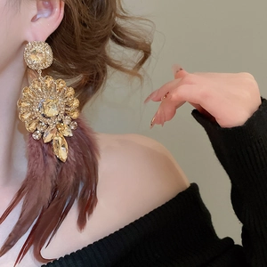 Vue détaillée de boucles d'oreilles de luxe avec plumes, cristaux et métal doré