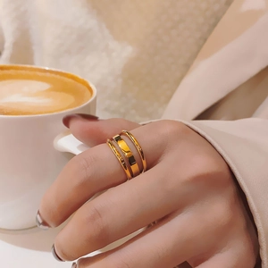 Elegant 18k gold layered triple band ring set for women in a minimalist geometric style
