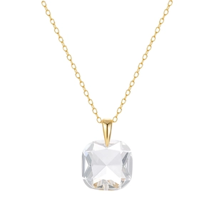 Detail view of square cut clear crystal pendant on a thin gold chain necklace