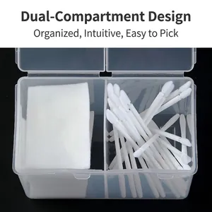 Double-grid clear nail art storage box for cotton pads and swabs on black background