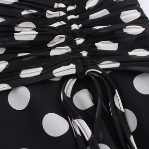 Vintage black polka dot chiffon maxi dress with drawstring waist and pleated details