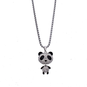 Sparkling panda pendant necklace in silver alloy with black and white rhinestones