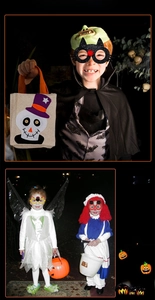 Close-up of children in Halloween costumes with pumpkin glasses and themed accessories