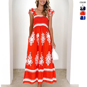 Robe Longue Smockée Bohème Pour Femmes Polyester Imprimé Ethnique Bretelles À Volants Vacances Plage Été