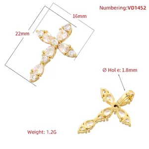 18K gold plated cross pendant with cubic zirconia stones, size 22mm x 16mm