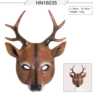 Realistic deer mask made of PU foam for Halloween parties showing front view and model fit