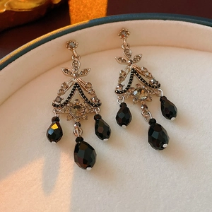 Vintage French Palace Tassel Drop Earrings Alloy Rhinestone Crystal With 925 Sterling Silver Earring Post For Women