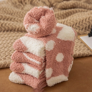 Pink coral fleece thermal socks with polka dots and stripes for winter home wear