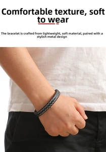 Detail showing the braided black leather texture and soft fit of the men's woven bracelet