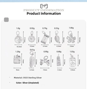 Size guide for 925 sterling silver charms showing dimensions and weights for jewelry making