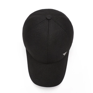 Men's wool blend baseball cap in black featuring a triangular metal logo plaque