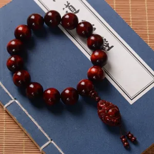 Natural Red Sandalwood Beaded Bracelet Hand Polished Chinese Zen Style Wood Prayer Bracelet With Caishen Maitreya Buddha Pendant Unisex Ethnic Jewelry Gift