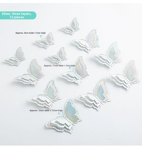 Detail of 12pcs silver 3D layered butterfly wall stickers with holographic laser effect