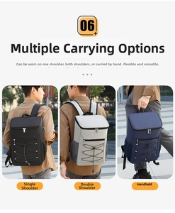 Three colors of Oxford fabric insulated lunch backpacks with side mesh pockets and front zip bag