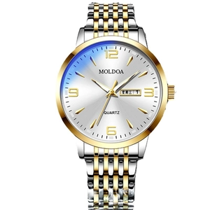 Men's business quartz watch with two-tone steel strap and luminous dual calendar dial