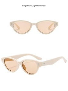 Front and side view of beige cat-eye sunglasses with light tea lenses and metal rivets