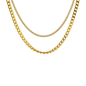 Chic gold double layered Cuban link chain necklace in stainless steel for men and women