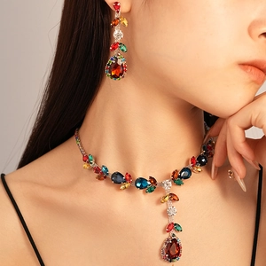 Colorful Zircon Rhinestone Necklace And Earrings Jewelry Set Copper Base With 925 Sterling Silver Earring Post Vintage