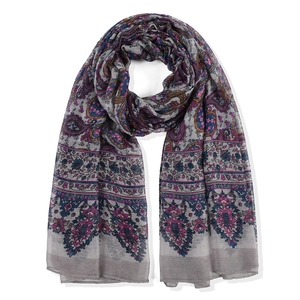 Bohemian paisley print scarf in grey with pink floral patterns on lightweight fabric