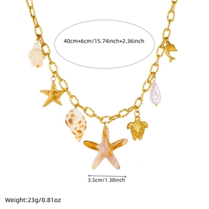 Gold stainless steel ocean necklace with starfish, turtle, and shell charms for women
