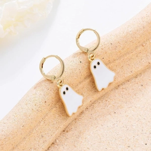 Golden hoop earrings with cute white ghost enamel pendants for festive party celebrations