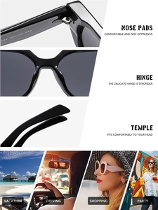Detail view of frame hinges and lifestyle scenes for these stylish square sunglasses