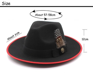 Detailed size chart of black wool fedora with red trim and decorative feather details