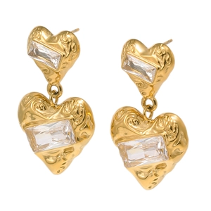 18K gold plated double heart earrings with cubic zirconia and vintage textured finish
