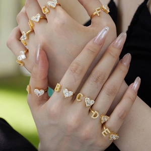 S925 sterling silver adjustable rings with gold plating and heart zircon letter charms