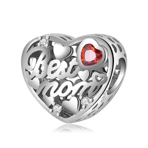 925 Sterling Silver Heart Charm Best Mom Engraved Bead With Red Heart Cubic Zirconia For DIY Bracelet Mother Day Gift
