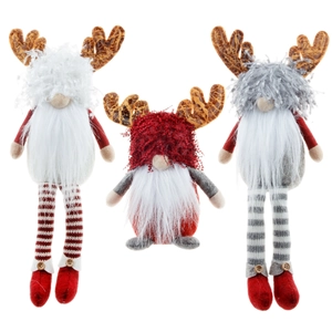 Three Christmas reindeer gnomes with antlers and long beards in red, white and grey colors
