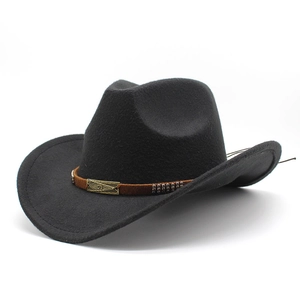 Classic black wool cowboy hat with vintage metal buckle and braided brown leather band