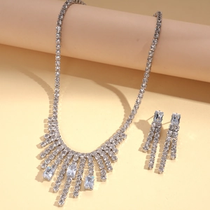 Luxury silver bridal jewelry set with geometric square zircon and tassel necklace and earrings