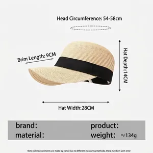 Women's woven straw equestrian hat with size specifications and 9cm wide sun protection brim
