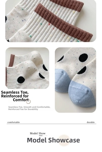 Detail of cotton ankle socks featuring colorful dots, stripe cuffs, and reinforced toes