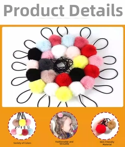 Detail view of colorful faux fur pom pom hair ties set with high elastic black rubber bands