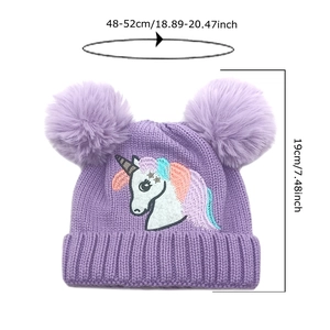 Bonnet tricoté licorne violet pour filles avec double pompon en fausse fourrure et broderie
